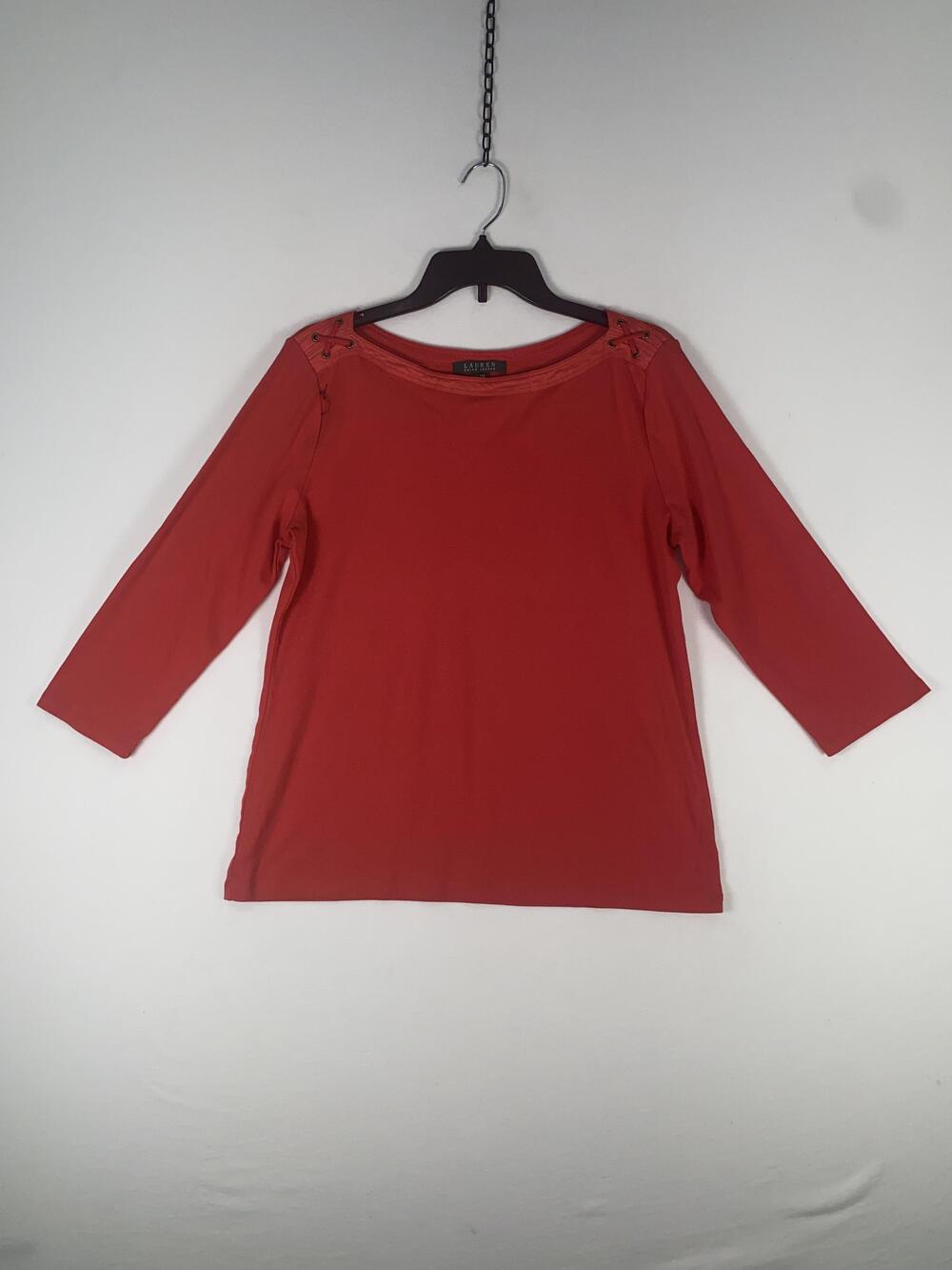 Lauren Ralph Lauren T-shirt Womens XL Red 3/4 Sleeve Boat Neck Strap Cotton Top